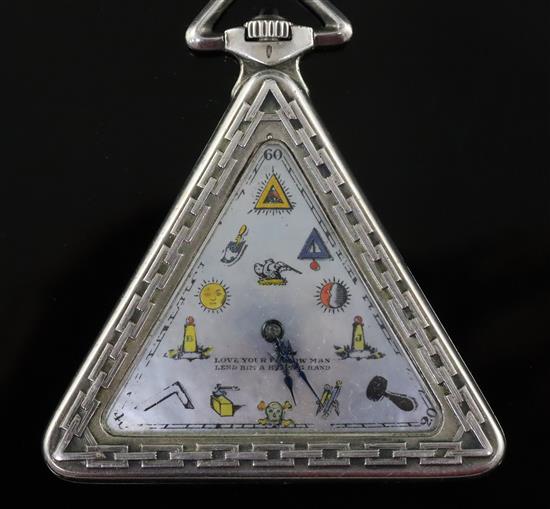 A 1930s Swiss silver triangular masonic pocket watch, 51mm.